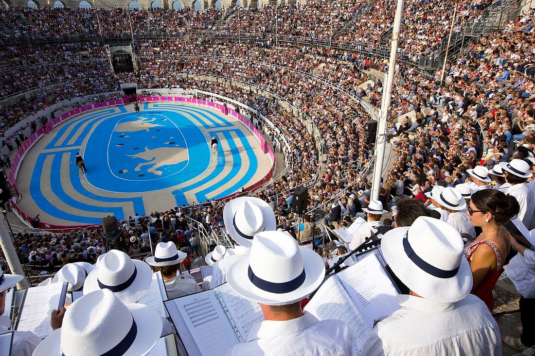 France, Bouches du Rhone, Arles, the Arena, the Roman Amphitheatre (80/90 AD..), Historical monument, World Heritage of UNESCO, Rice Fest, Bullfight Goyesque scenography Marie Hugo