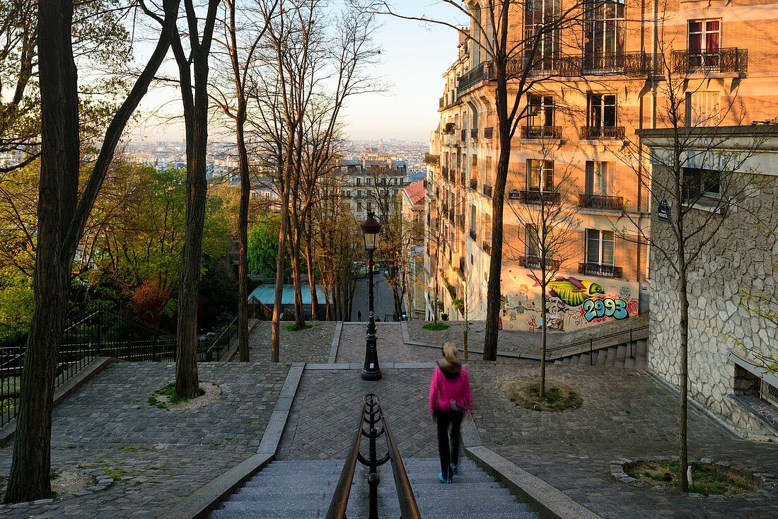 France, Paris, Montmartre district, Staircase leading towards the basilica Sacre-Coeur crowning the Montmartre hill