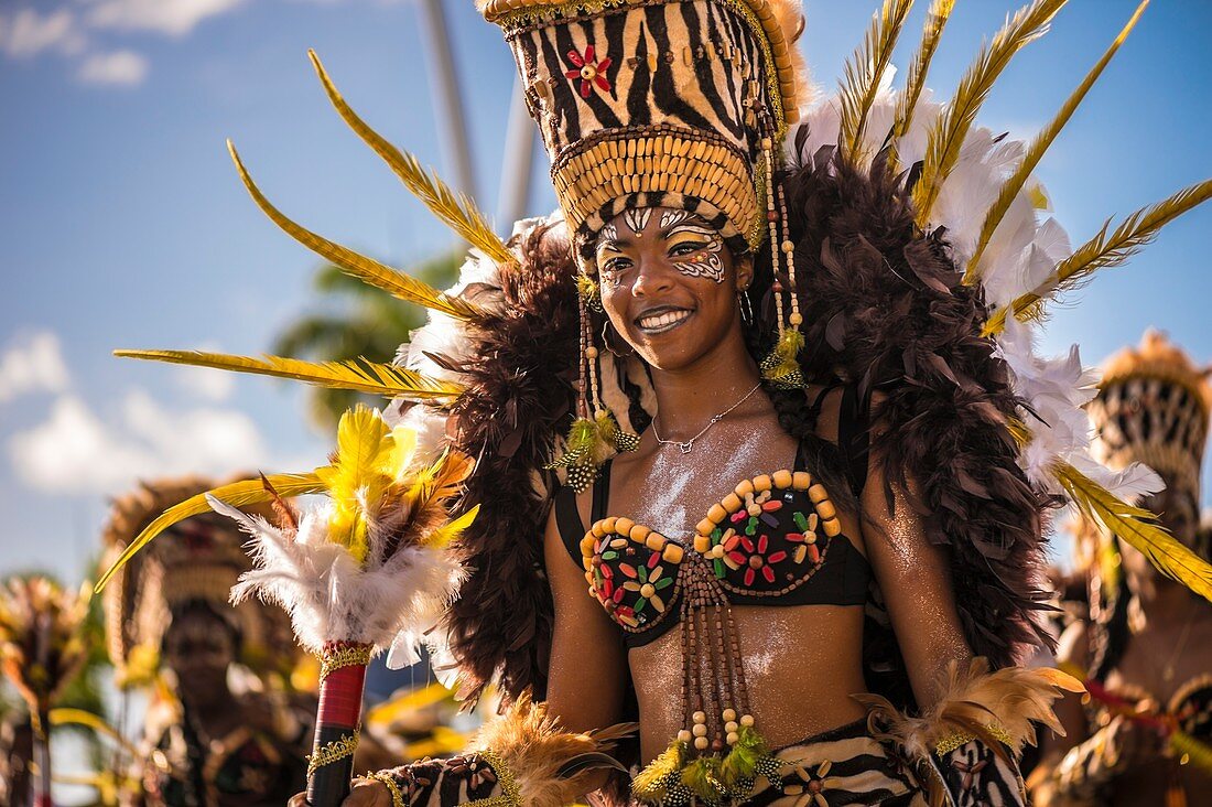 France, Guadeloupe, Grande Terre, Pointe a Pitre, portrait of a dancer of Pirouli Band, during the closing parade of Shrovetide
