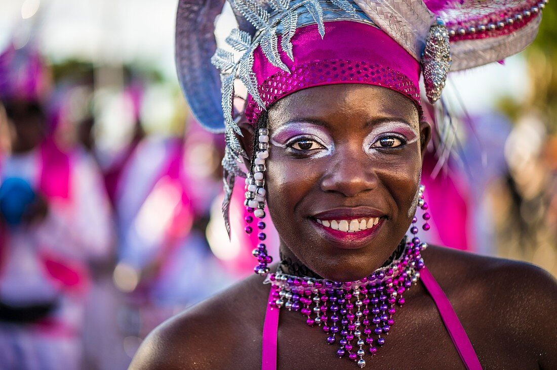 France, Guadeloupe, Grande Terre, Pointe a Pitre, portrait of a dancer of Aqua Band Star, during the closing parade of Shrovetide