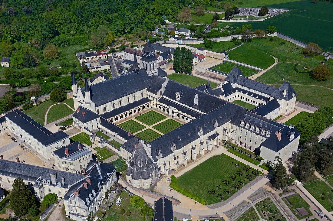 France, Maine et Loire, Fontevraud l'Abbaye, Loire valley listed as World Heritage by UNESCO, the abbey (aerial view)