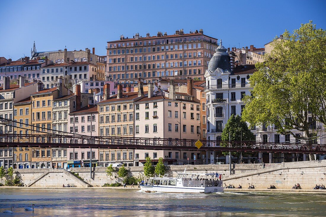 France, Rhone, Lyon, historical site listed as World Heritage by UNESCO, Quai St Vincent and Passerelle St Vincent over the Saone River and the Croix Rousse District