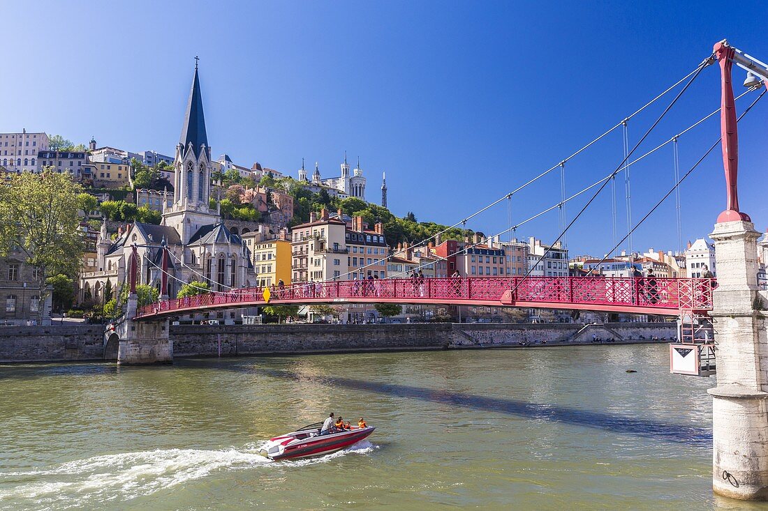 France, Rhone, Lyon, historical site listed as World Heritage by UNESCO, footbridge and St Georges Church over Saone River and Notre Dame de Fourviere Basilica