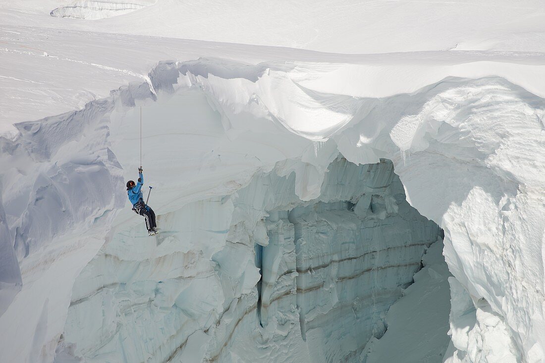 France, Haute-Savoie, Chamonix, crevasse rescue on the Géant glacier, Mont-Blanc range
