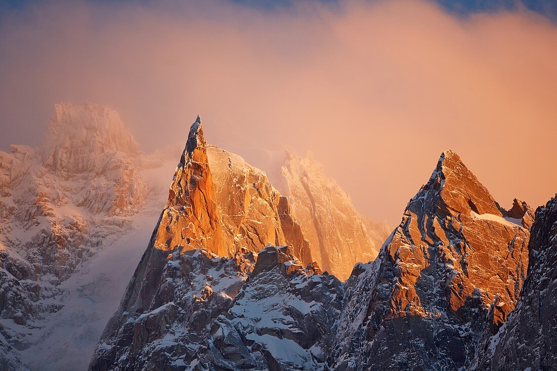 France, Haute-Savoie, Chamonix, the aiguille des Deux Aigles (3487 m) at sunset, Mont-Blanc range