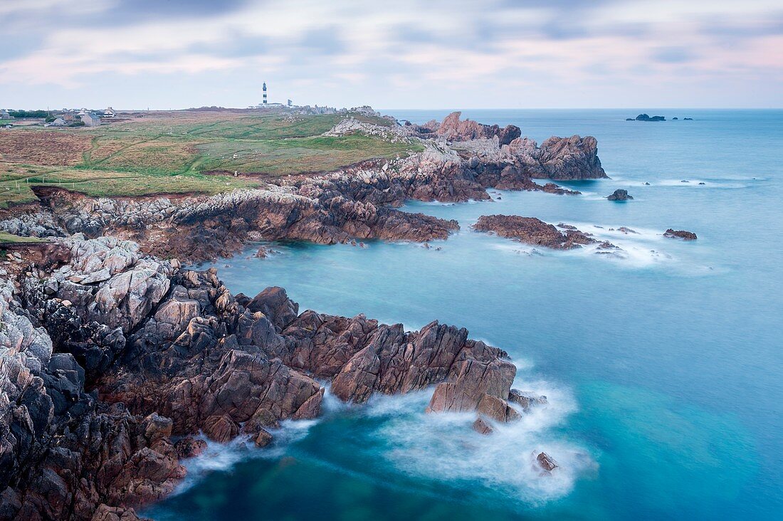 France, Finistère, The island of Ouessant, dawn on the north coast and Créac'h the lighthouse in the background