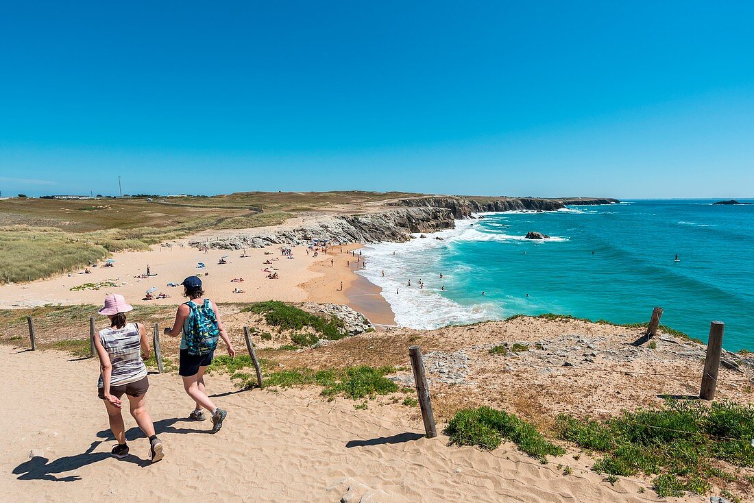 Frankreich, Morbihan, Saint-Pierre-Quiberon, die wilde Küste der Halbinsel Quiberon und der Strand von Porz Guen (Port Blanc)