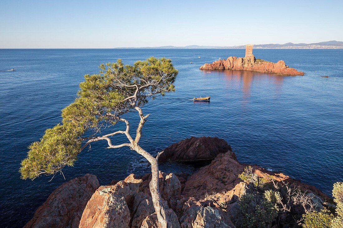 France, Var, Saint Raphael, the tower of the l'ile d'Or seen of the Cape of Dramont