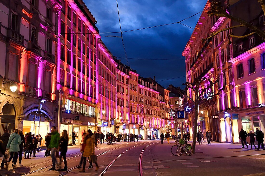 France, Bas Rhin, Strasbourg, christmas lighting in rue de la Mesange