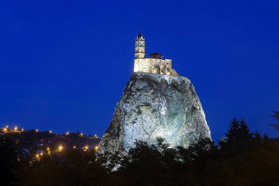 France, Haute Loire, Le Puy en Velay, a stop on el Camino de Santiago listed as World Heritage by UNESCO, Saint Michel d'Aiguilhe Chapel situated on the top of volcanic rock