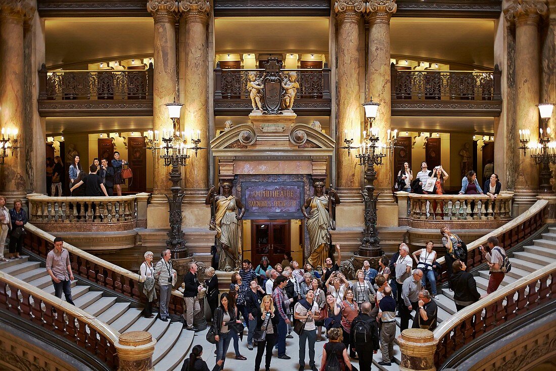 France, Paris, Opera Garnier, large ceremonial staircase leading to the auditorium, lounges and homes