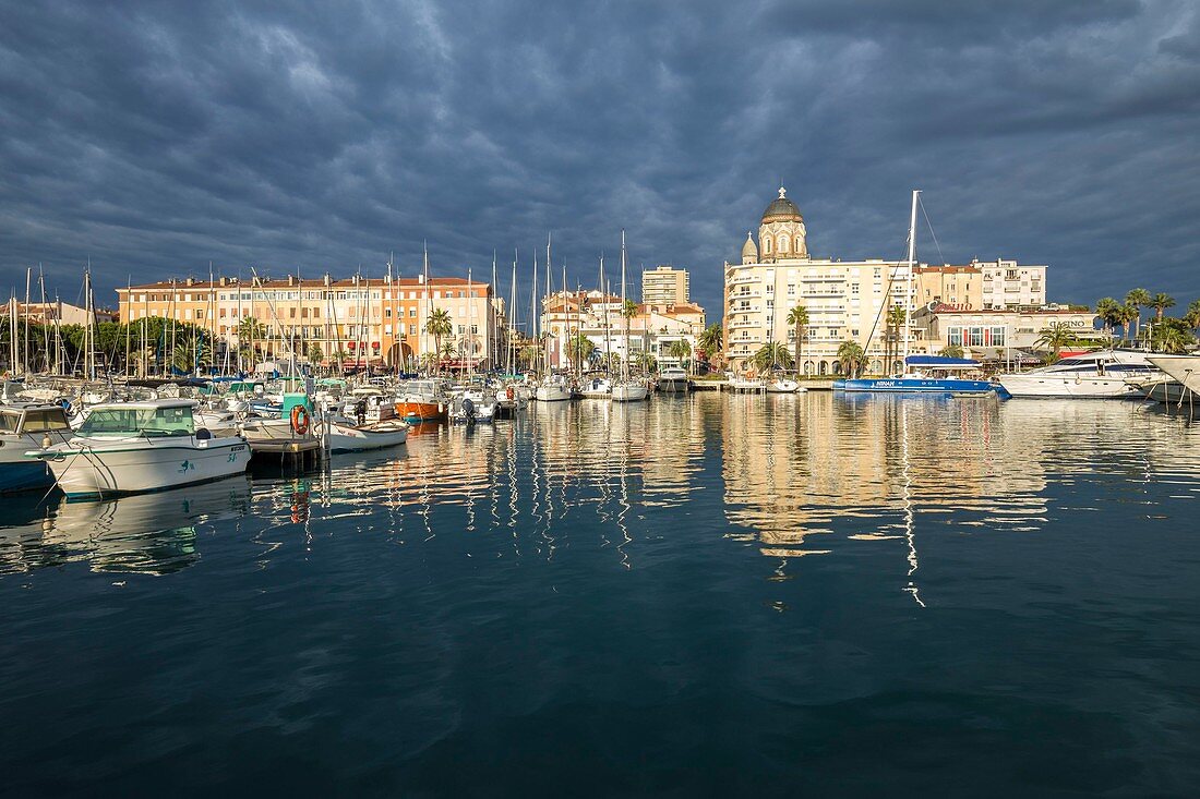 France, Var, Saint Raphael, the old harbor and the Basilica Notre-Dame of Victoire
