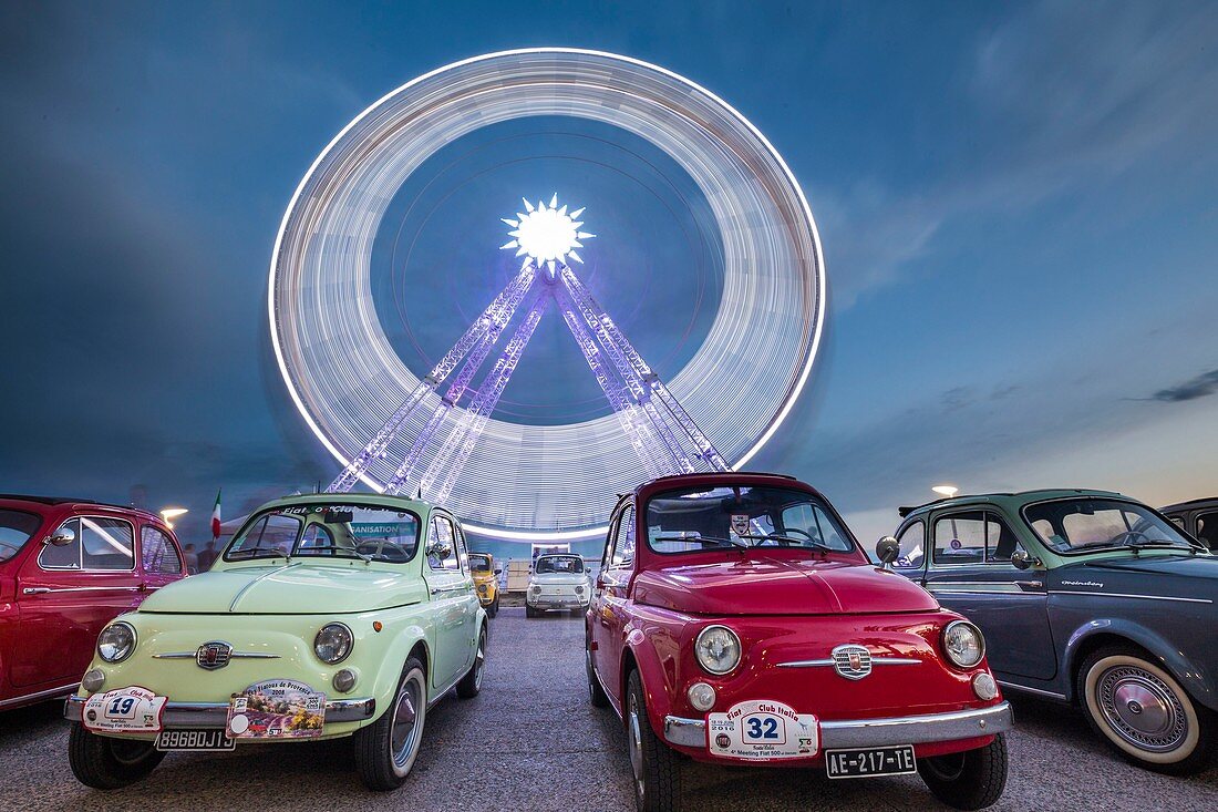 France, Var, Saint Raphael, esplanade Jean-louis Delayen, concentration of former cars during the 4th Meeting Fiat 500 in front of the big wheel