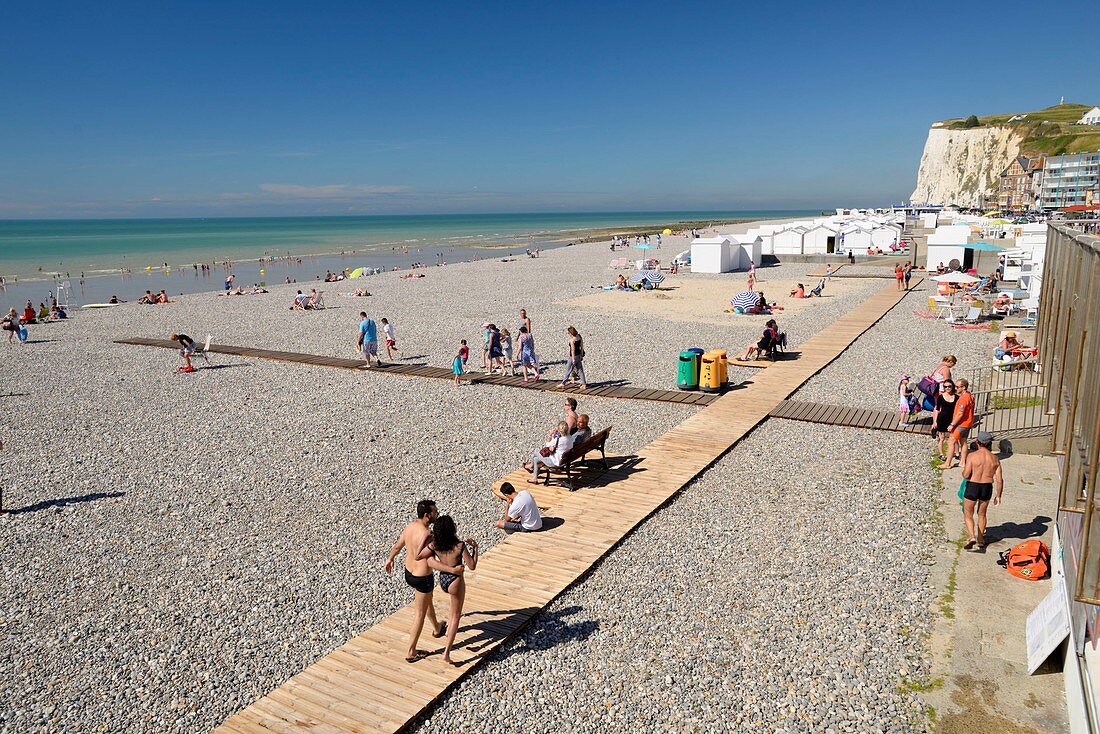 France, Somme, Mers les Bains, pebble beach and cabins on the beach