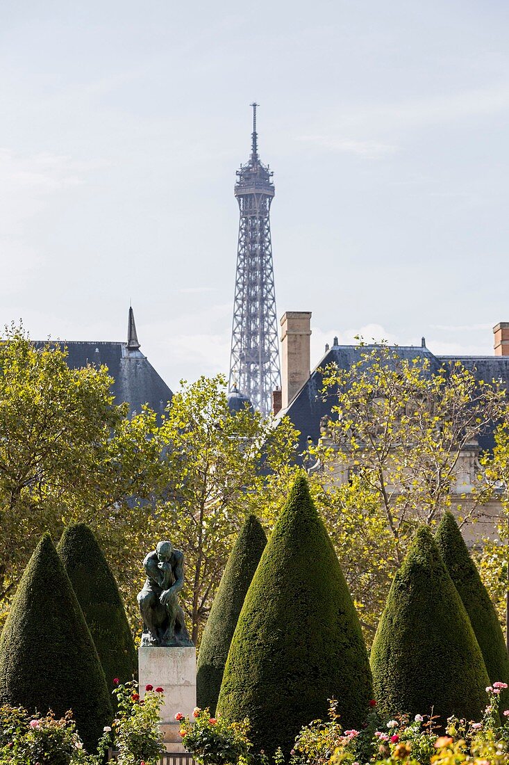 Frankreich, Paris, der Garten des Rodin-Museums und der Eiffelturm