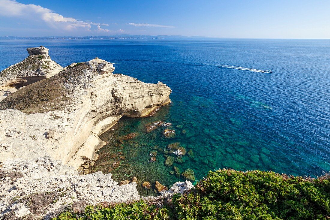 France, Corse du Sud, Bonifacio, cape of Pertusato, in background Sardinia