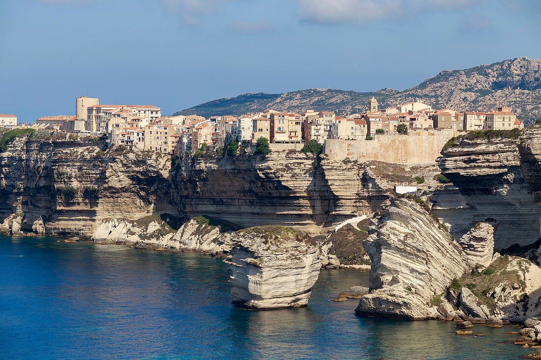 France, Corse du Sud, Bonifacio, the old town or High City perched on cliffs of limestone, in the foreground the island of the Grain of sand