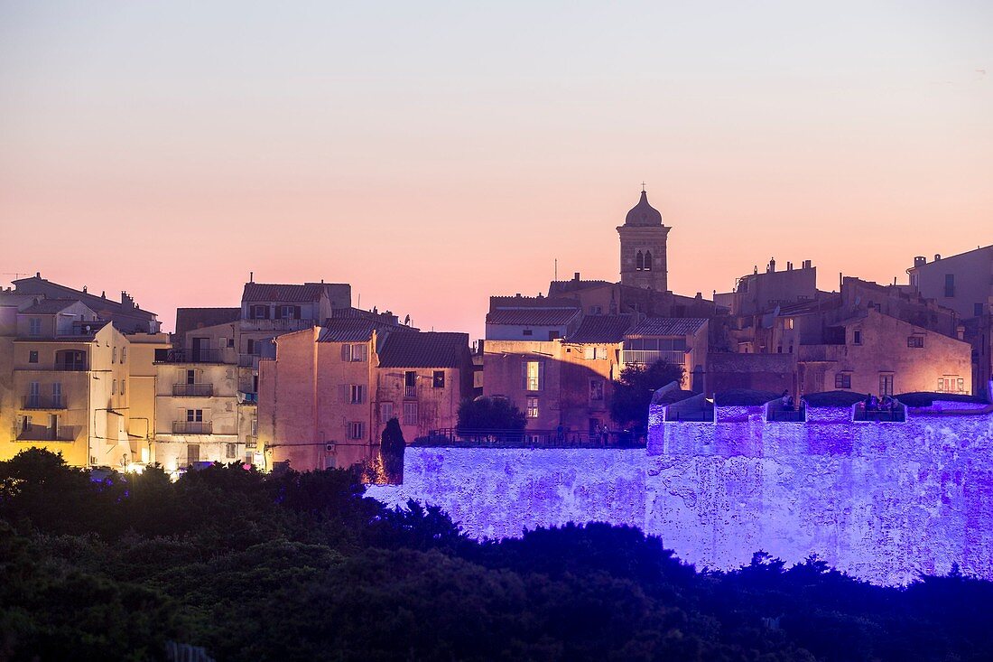 France, Corse du Sud, Bonifacio, the ramparts of the citadel floodlit for the 3rd edition of Festi Lumi in July 2016