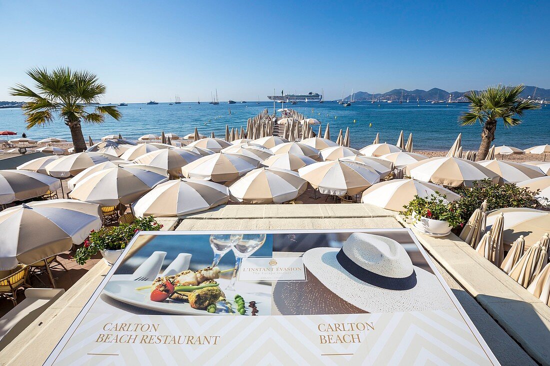 Frankreich, Alpes-Maritimes, Cannes, Privatstrand des Luxushotels Carlton am Boulevard de la Croisette