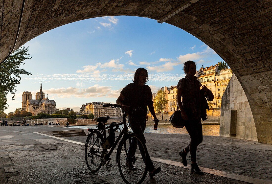 France, Paris, area listed as World Heritage by UNESCO, wharf and Pont de la Tournelle with Notre Dame de Paris cathedral