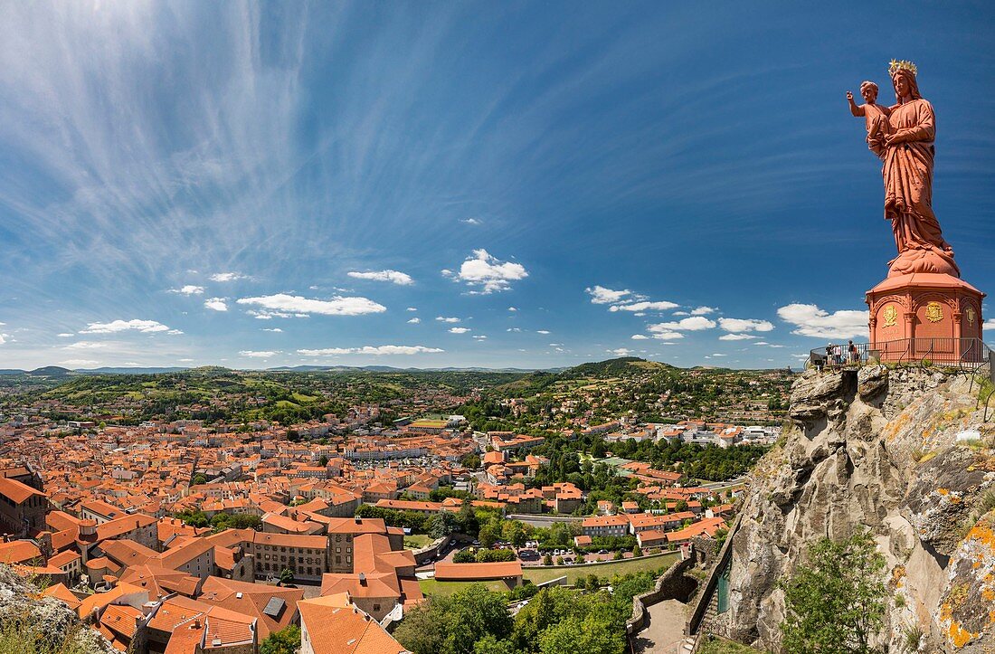 France, Haute Loire, Le Puy en Velay, Corneille rock with the Notre-Dame de France statue