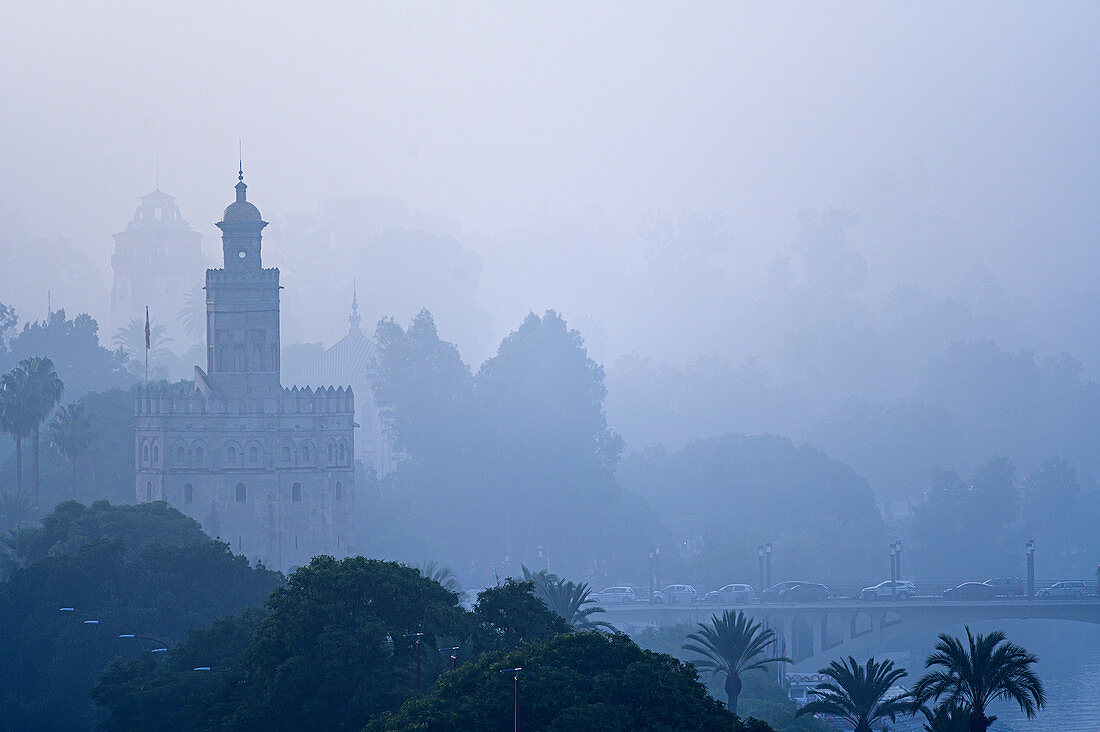 Torre del Oro zwischen Bäumen und Nebel in Sevilla, Spanien