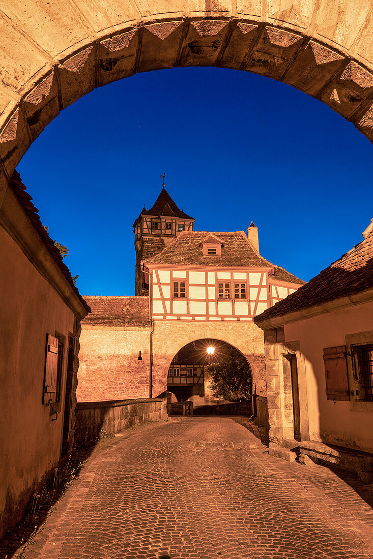 Roedtor in Rothenburg ob der Tauber at the blue hour, Ansbach, Middle Franconia, Franconia, Bavaria, Germany, Europe