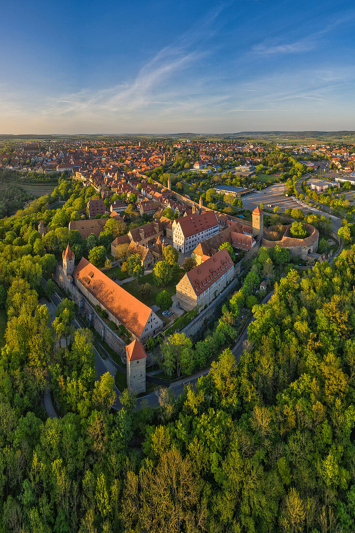 Aerial view of Rothenburg ob der Tauber in the evening, Ansbach, Middle Franconia, Franconia, Bavaria, Germany, Europe