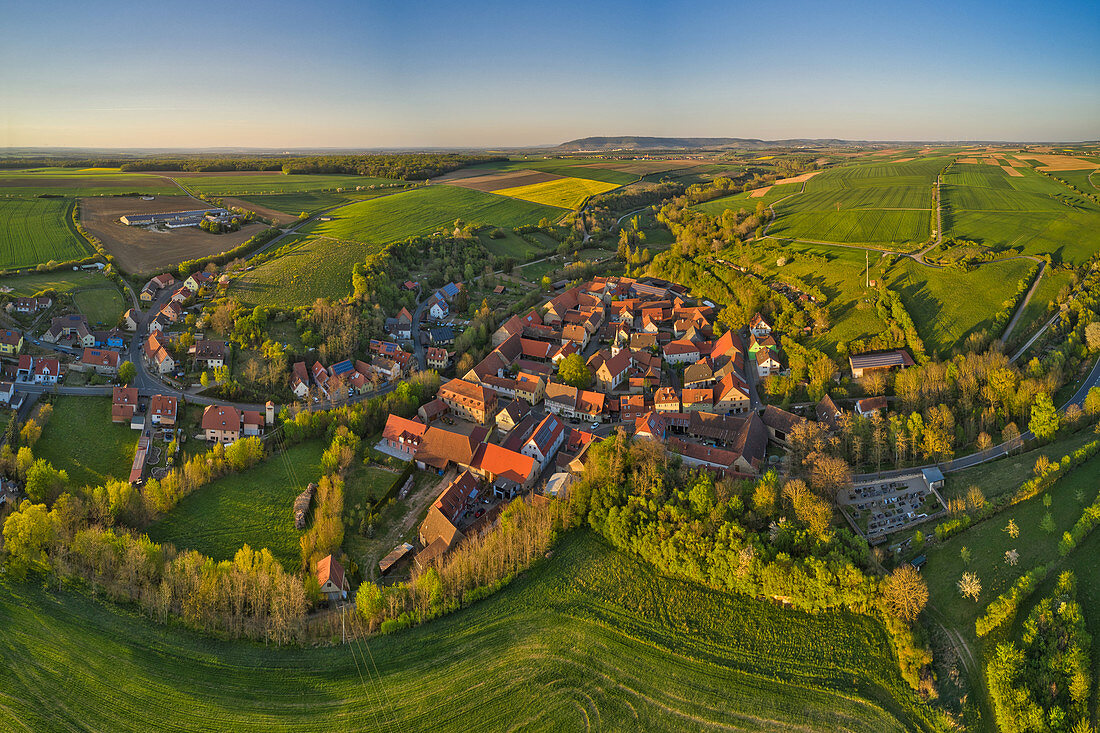 Aerial view of Tiefenstockheim in the evening, Kitzingen, Lower Franconia, Franconia, Bavaria, Germany, Europe