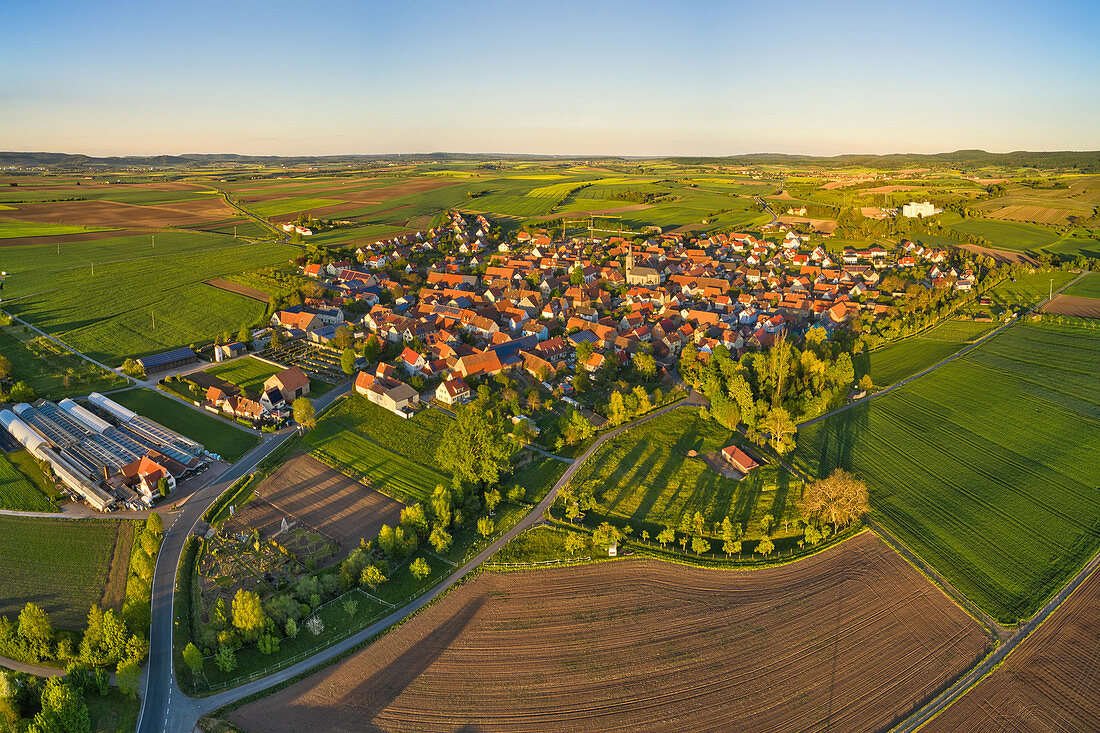 Aerial view of the wine village Hüttenheim in the wine paradise Franconia, Kitzingen, Lower Franconia, Franconia, Bavaria, Germany, Europe