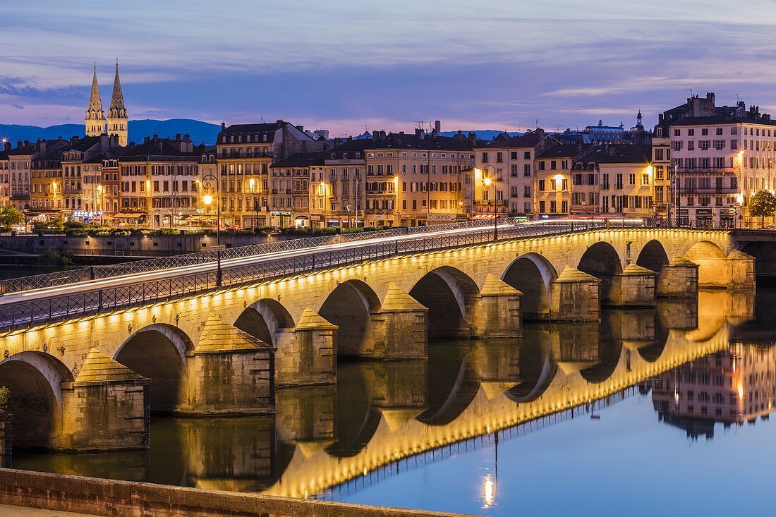 France, Saone et Loire, Macon, the bridge of Saint Laurent, quai Lamartine with a view of the arrows of the church Saint Pierre de Macon