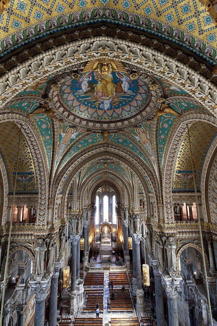France, Rhone, Lyon, historical site listed as World Heritage by UNESCO, Notre Dame de Fourviere basilica, the nave