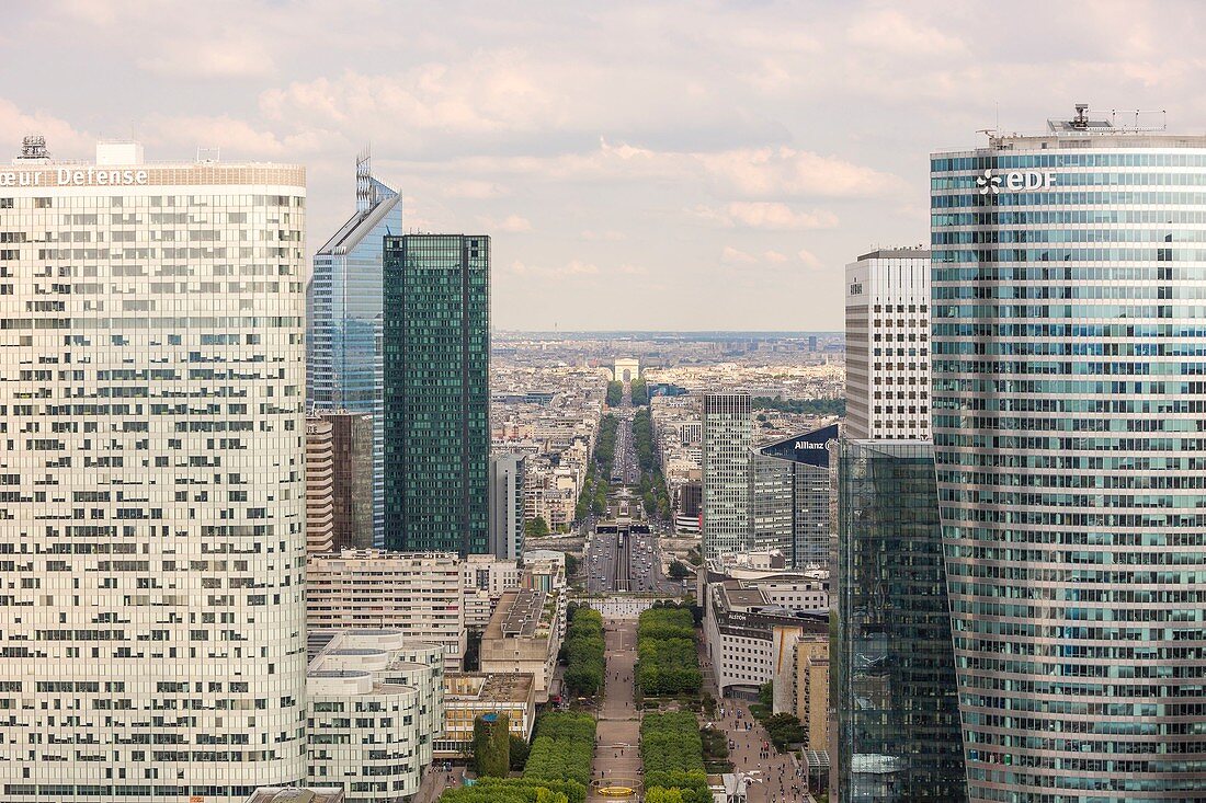 France, Hauts de Seine, La Defense, the Grande Arche by the architect Otto von Spreckelsen, overview from the roof top terrace open on the 01/06/2017, space of 11 000 m2 designed by the agency Valode & Pistre architects