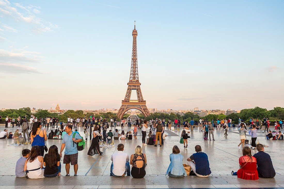 France, Paris, area listed as World heritage by UNESCO, Place du Trocadero, Human Rights Park and the Eiffel Tower