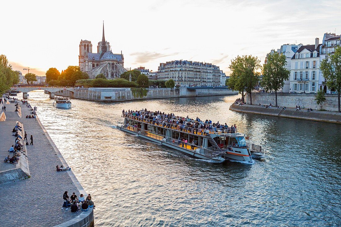 France, Paris, area listed as World Heritage by UNESCO, Bateau Mouche passing Saint Louis Island on the right, Notre Dame Cathedral on the Ile de la Cite and the quayside of La Tournelle