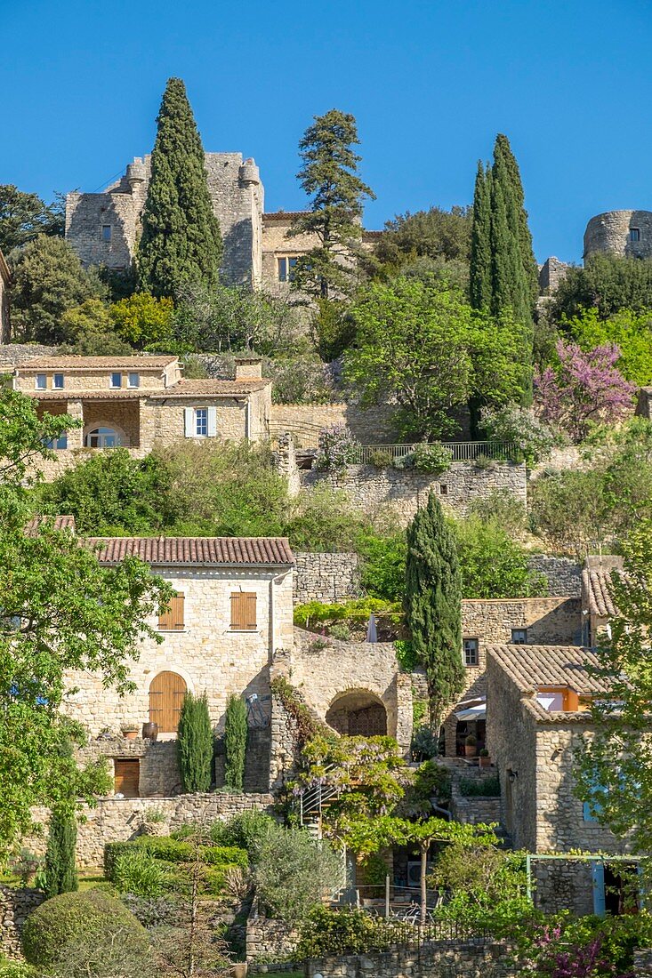 Frankreich, Gard, La Roque sur Ceze, bezeichnet als 'Les Plus Beaux Villages de France' (Die schönsten Dörfer Frankreichs), Dorf auf einem Felsvorsprung mit Blick auf den Fluss Ceze, dominiert von den Ruinen einer alten Burg und ihrer romanischen Kapelle