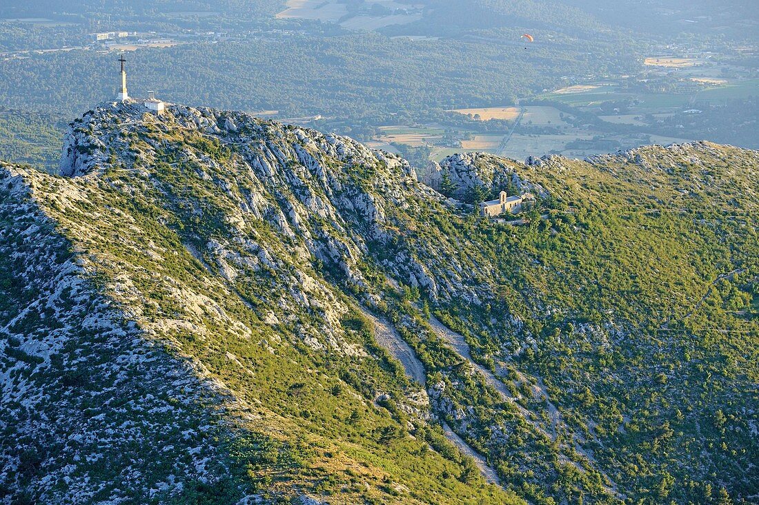France, Bouches du Rhone, Pays d'Aix, Sainte Victoire Site, Vauvenargues, Sainte Victoire mountain, Crests, Croix de Provence (1875) (946m), priory Ve (aerial view)