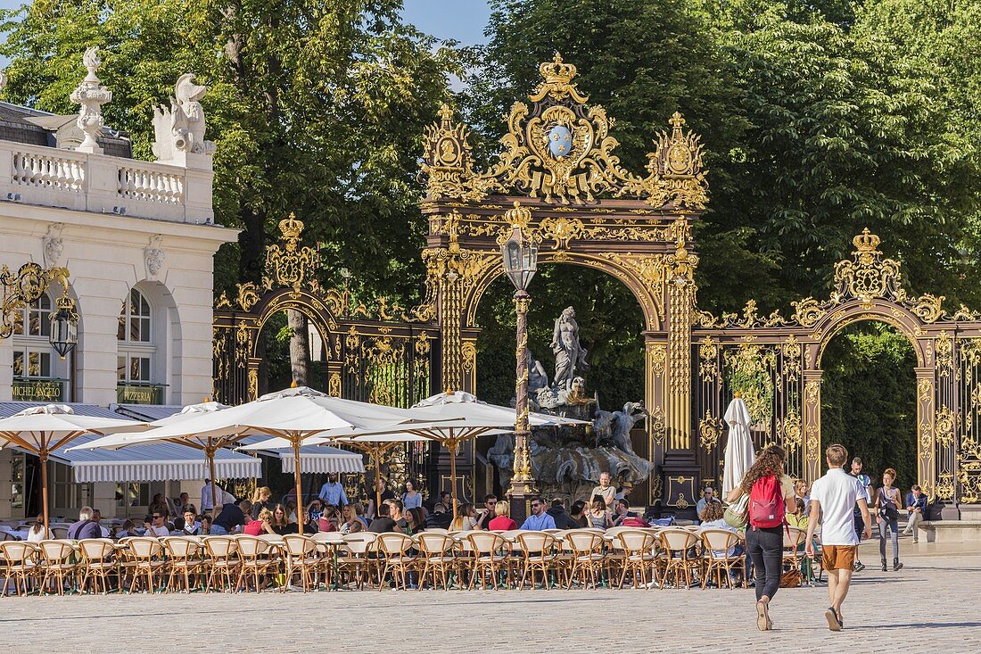 France, Meurthe et Moselle, Nancy, Place Stanislas or former Royal Place built by Stanislas Leszczynski, king of Poland and last Duke of Lorraine in the 18th century, listed as World Heritage by UNESCO, view of Amphitrite's fountain