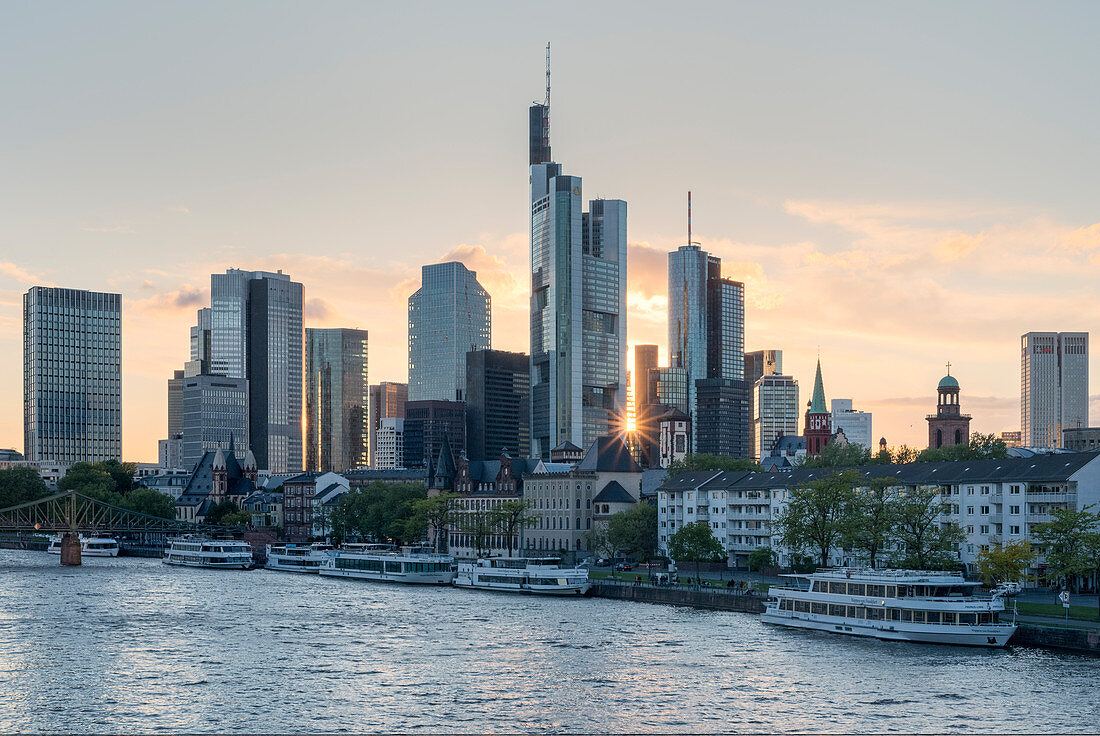 The skyline of Frankfurt and Main River at dusk, Frankfurt, Germany, Europe