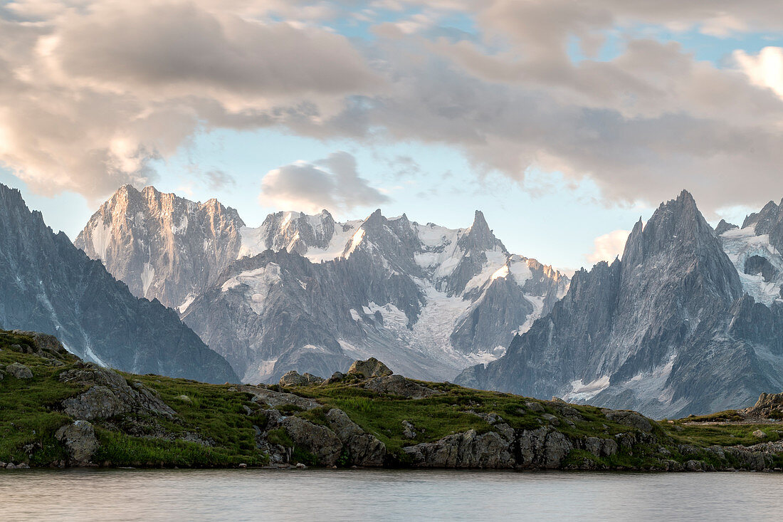 Grandes Jorasses and Mount Blanc, from Lac de Chesery, Haute Savoie, France, Europe