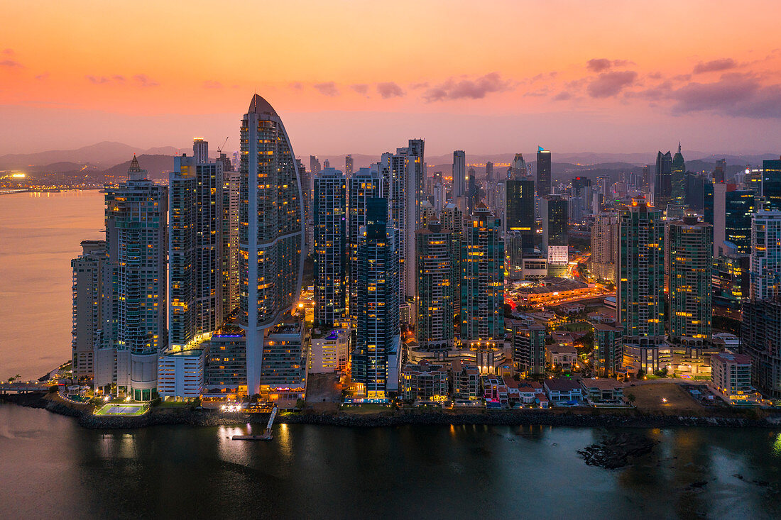 Aerial view of Panama City skyscrapers at dusk. Panama City, Panama, Central America