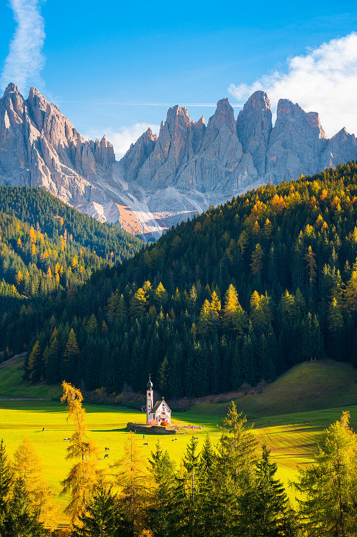 St. Magdalena, Tal von Funes, Bozen, Südtirol, Trentino Südtirol, Italien, St. Johann Kirche mit der Geiselgruppe der Dolomiten im Hintergrund