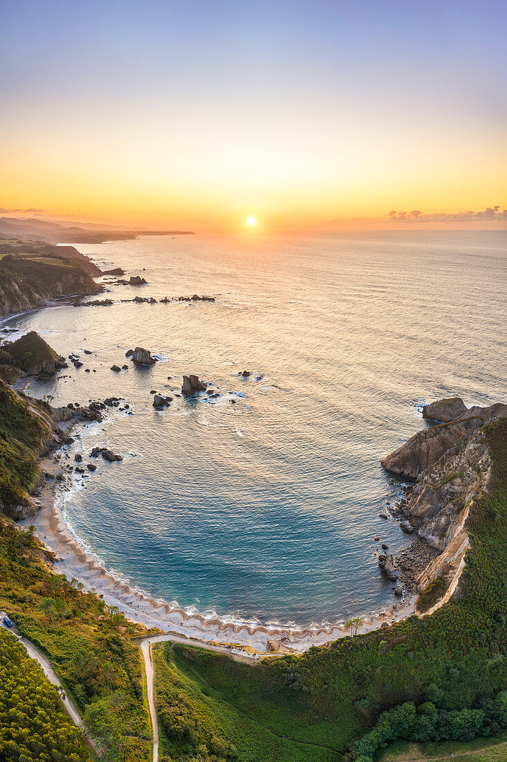 Aerial view of playa del Silencio (beach of silence) at sunset. Castaneras, Asturias, Spain