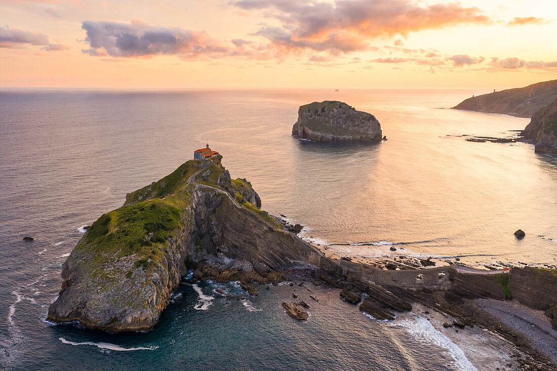Gaztelugatxe, Biscay, Basque Country, Spain. Aerial view of the islet and the hermitage at sunrise 