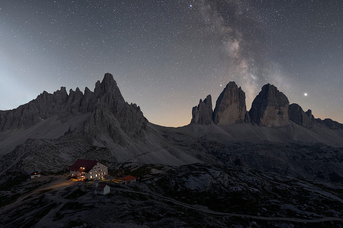 Milky Way's over Tre Cime di Lavaredo, Drei Zinnen, Three Peaks of Lavaredo, Dolomites, South Tyrol, Italy, Europe 