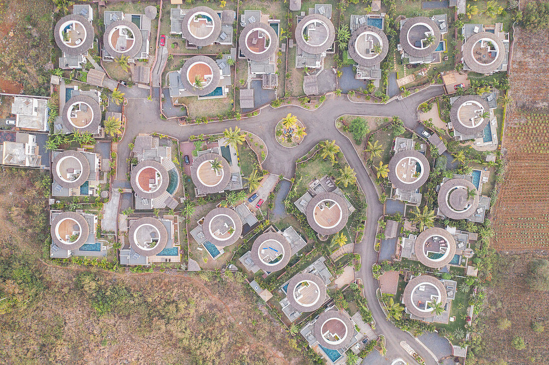 vertical shot taken by drone, of circular village on north coast, Mauritius, Indian Ocean, Africa