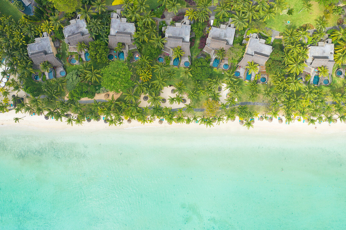 Luftaufnahme von Troux aux Biches Strand, Mauritius, Indischer Ozean, Afrika