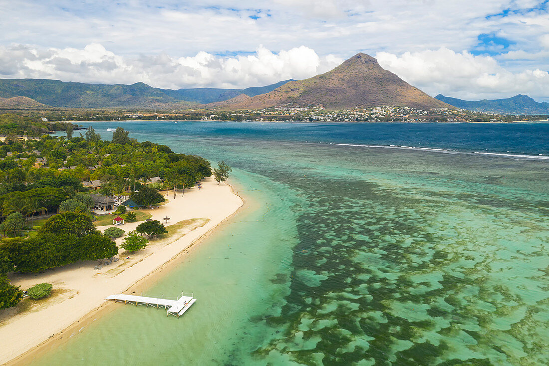 a drone view of Flic en Flac beach in winter day, Black River district, Mauritius, Indian Ocean, Africa