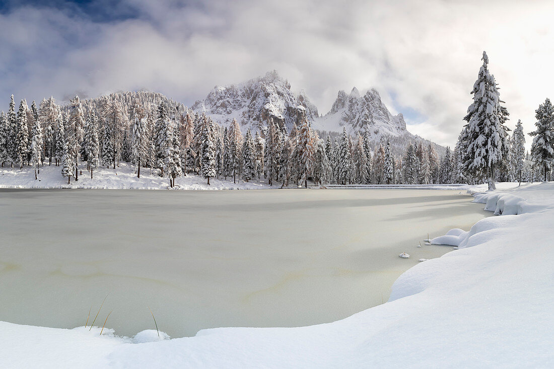 a famous Cadini of Misurina mountain seen from the Antorno lake in winter time, Dolomiti, municipality of Auronzo di Cadore, Belluno province, Veneto district, Italy, Europe.