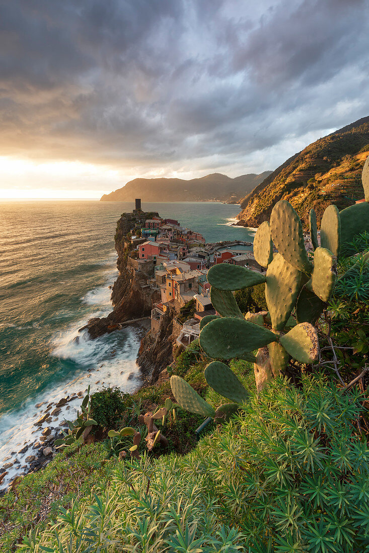 golden sunset in winter time at Vernazza, Cinque Terre, World Heritage Site, La Spezia province, Liguria district, Italy, Europe.